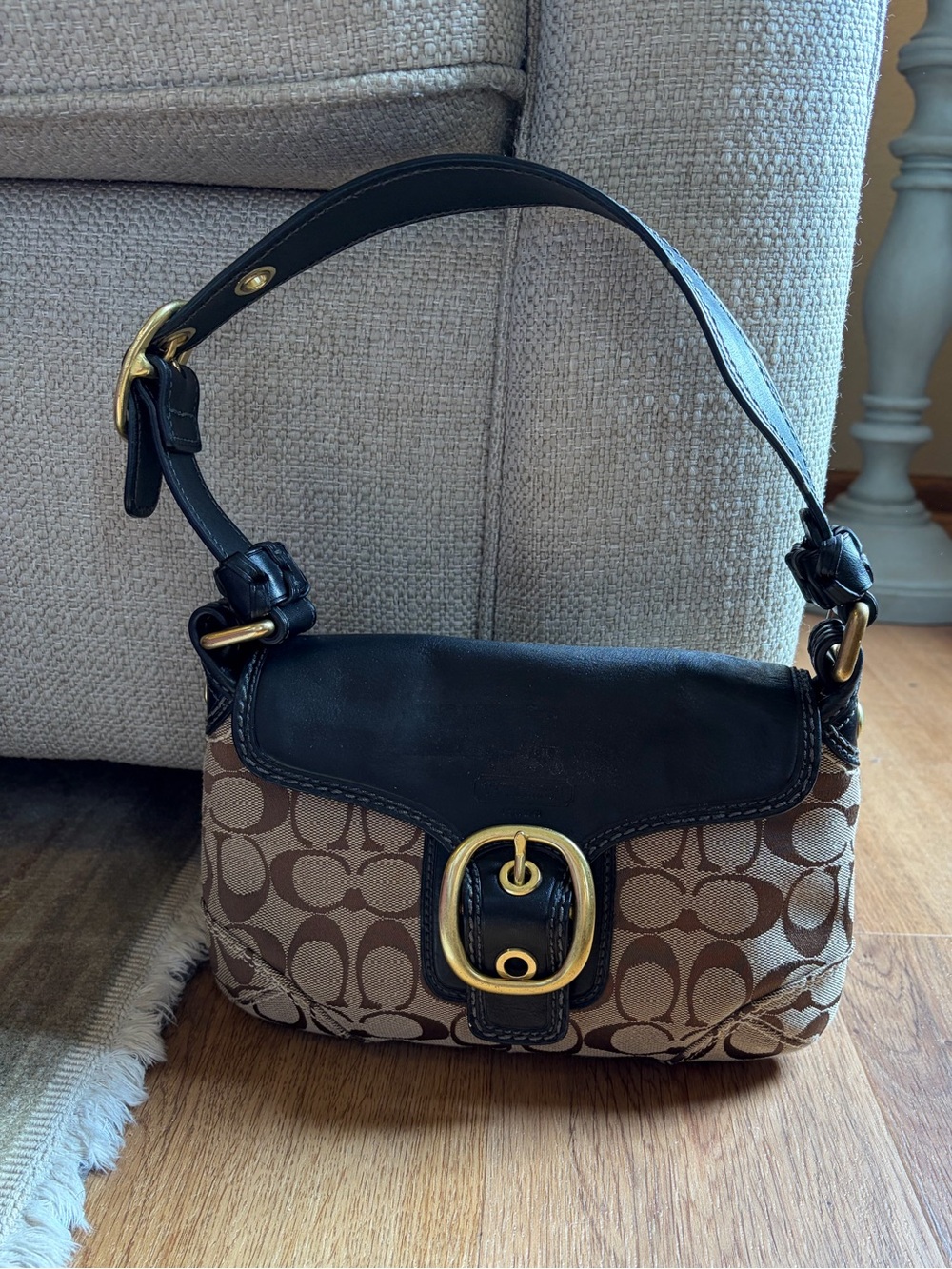 COACH Y2K Vintage Bleecker Signature Small Flap Hobo Bag 11441 Black Khaki Brass